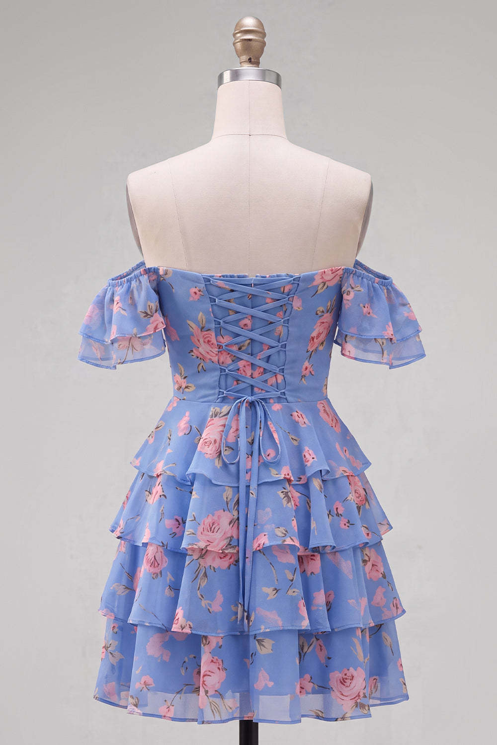 Floral Blue Ruffled Off the Shoulder Short Homecoming Dress