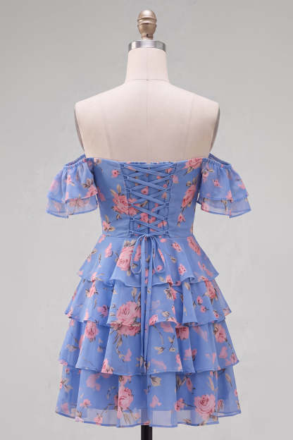 Floral Blue Ruffled Off the Shoulder Short Homecoming Dress