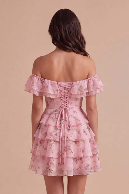 Floral Blue Ruffled Off the Shoulder Short Homecoming Dress