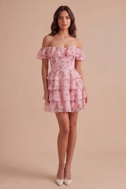 Floral Blue Ruffled Off the Shoulder Short Homecoming Dress