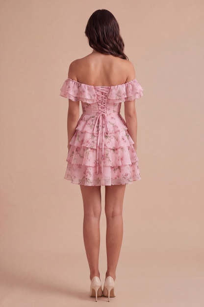 Floral Blue Ruffled Off the Shoulder Short Homecoming Dress
