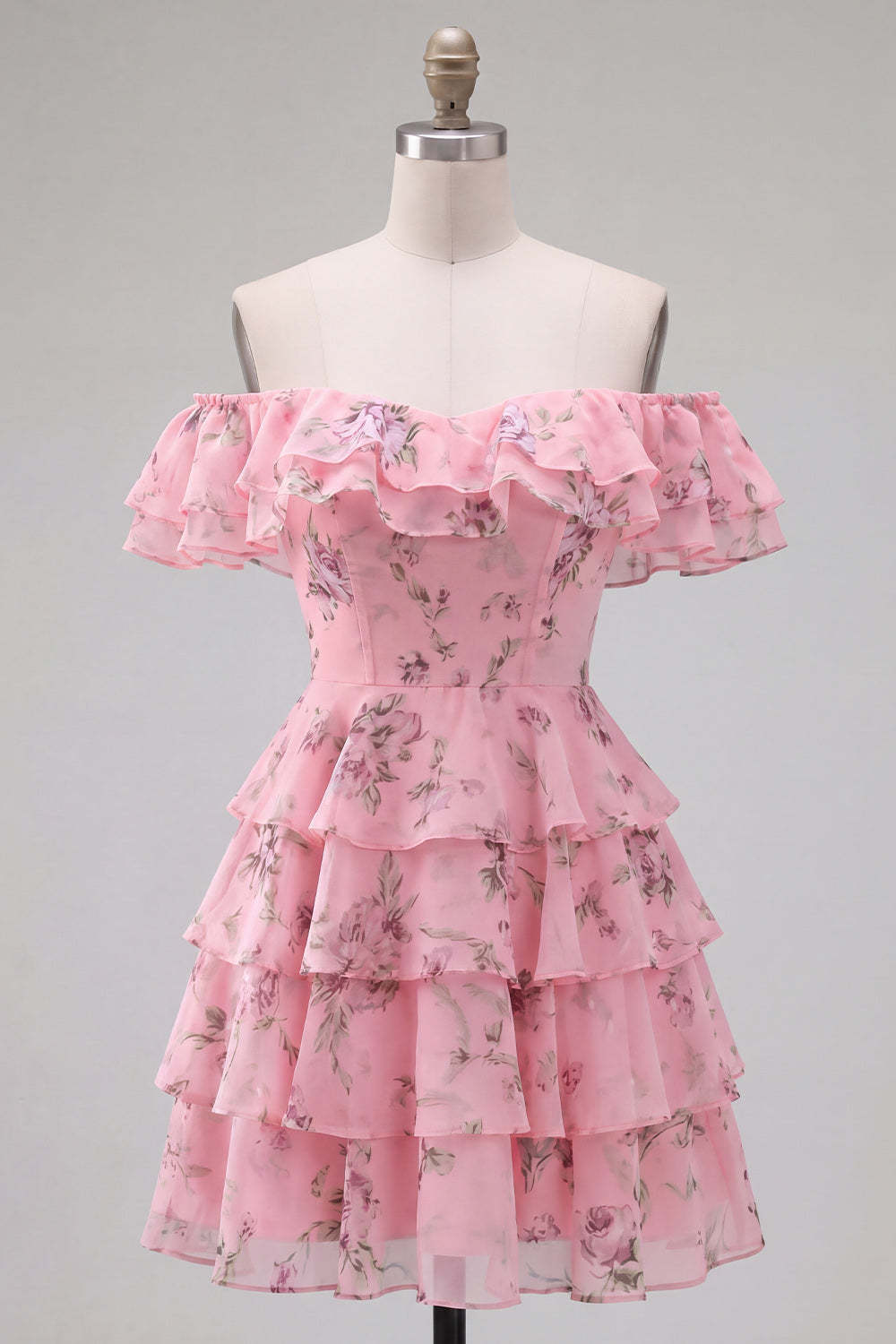 Floral Blue Ruffled Off the Shoulder Short Homecoming Dress