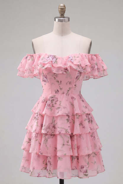 Floral Blue Ruffled Off the Shoulder Short Homecoming Dress