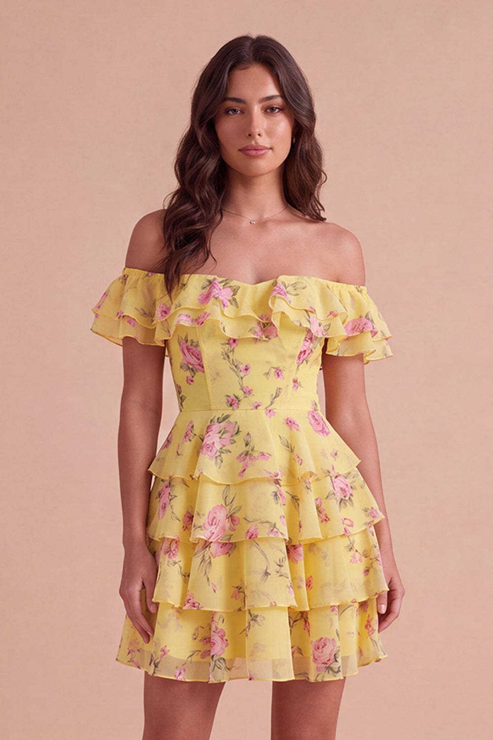 Leely Women Floral Blue Ruffled Off the Shoulder Short Homecoming Dress A Line Tiered Cocktail Dress