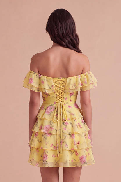 Floral Blue Ruffled Off the Shoulder Short Homecoming Dress