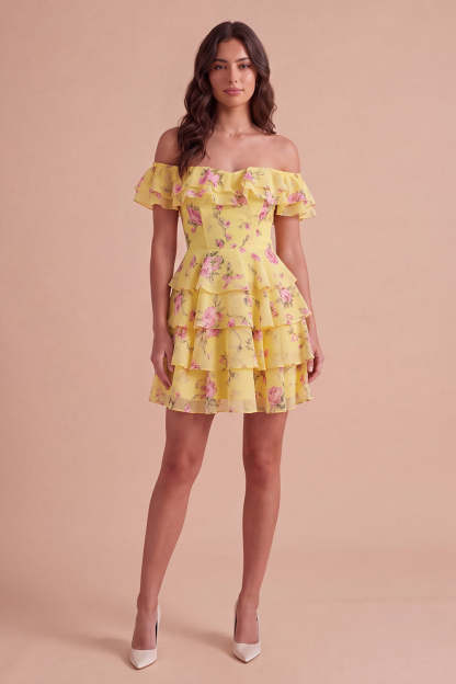 Floral Blue Ruffled Off the Shoulder Short Homecoming Dress