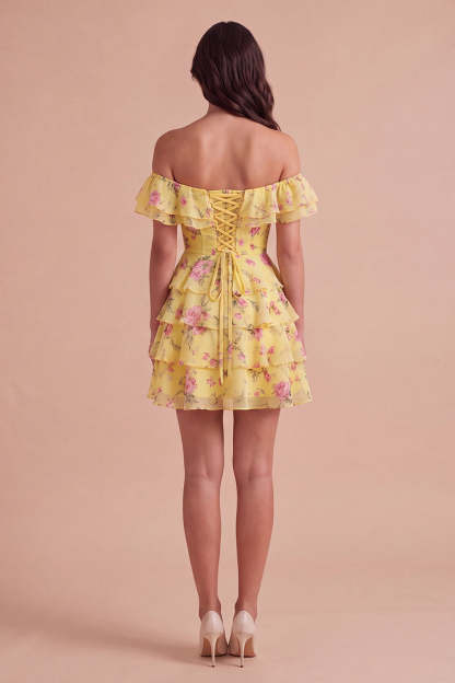 Floral Blue Ruffled Off the Shoulder Short Homecoming Dress