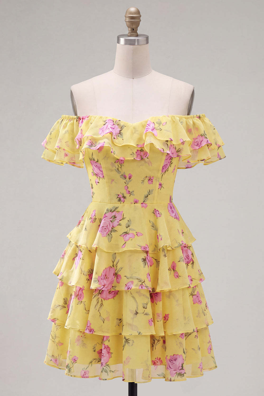 Floral Blue Ruffled Off the Shoulder Short Homecoming Dress