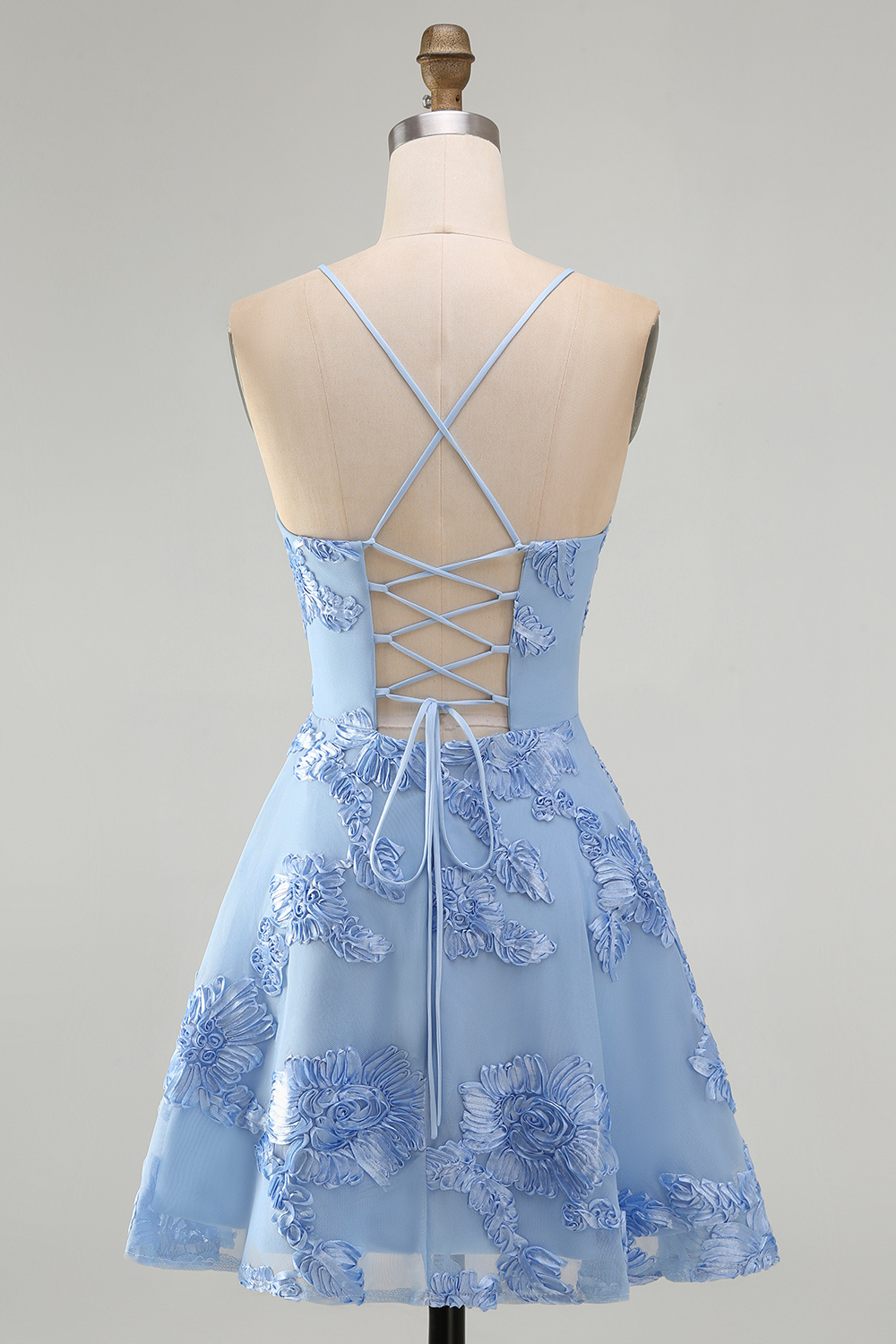 Blue Floral Appliqued Spaghetti Straps A-Line Short Homecoming Dress