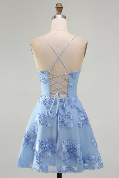 Blue Floral Appliqued Spaghetti Straps A-Line Short Homecoming Dress
