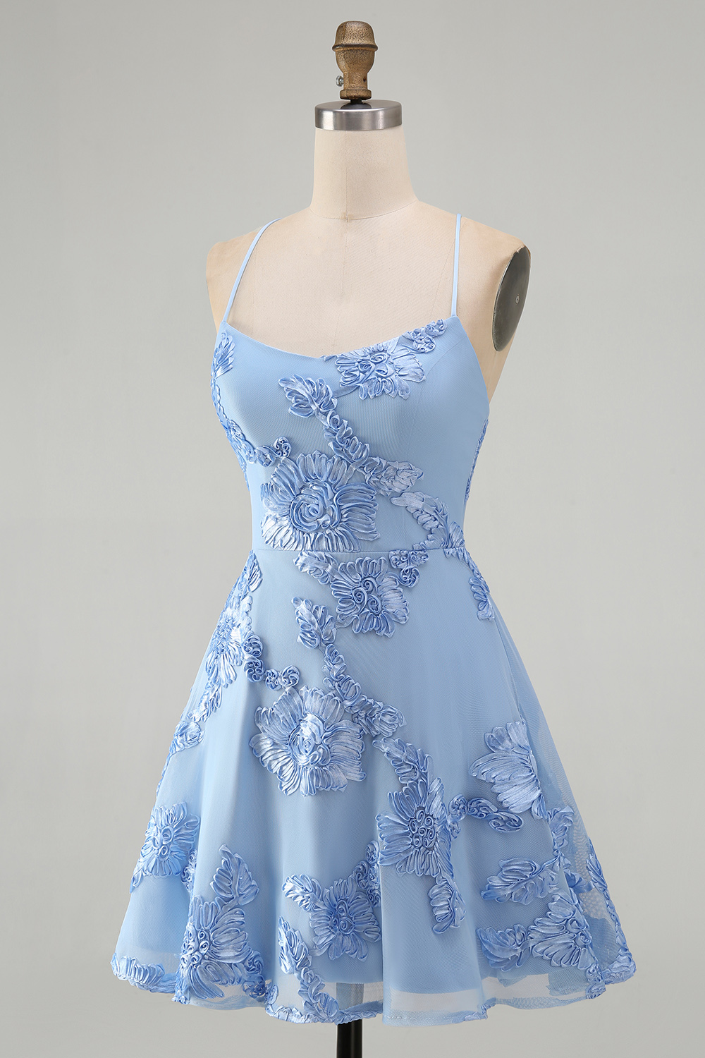 Blue Floral Appliqued Spaghetti Straps A-Line Short Homecoming Dress