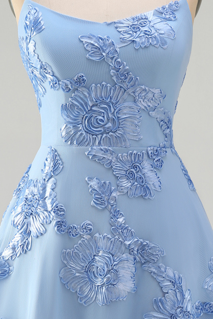 Blue Floral Appliqued Spaghetti Straps A-Line Short Homecoming Dress