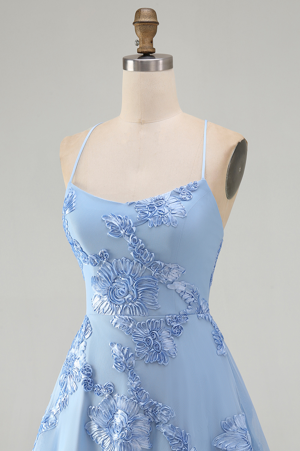 Blue Floral Appliqued Spaghetti Straps A-Line Short Homecoming Dress