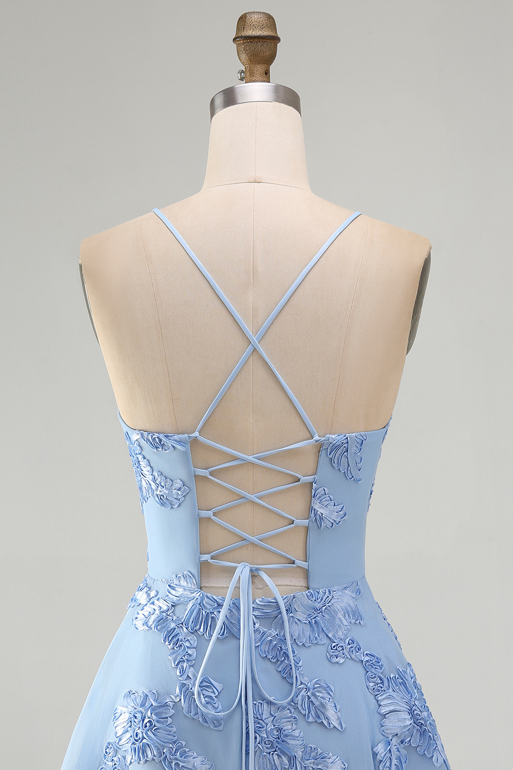 Blue Floral Appliqued Spaghetti Straps A-Line Short Homecoming Dress