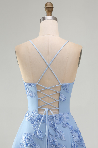 Blue Floral Appliqued Spaghetti Straps A-Line Short Homecoming Dress