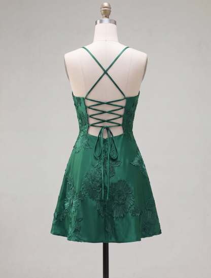 Blue Floral Appliqued Spaghetti Straps A-Line Short Homecoming Dress