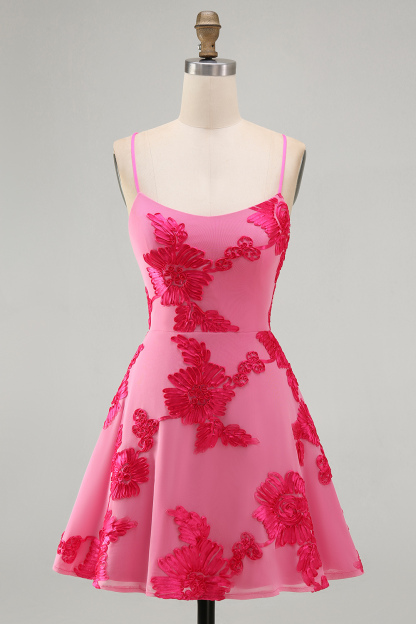 Blue Floral Appliqued Spaghetti Straps A-Line Short Homecoming Dress