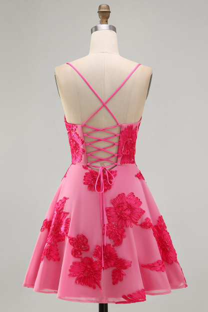 Blue Floral Appliqued Spaghetti Straps A-Line Short Homecoming Dress
