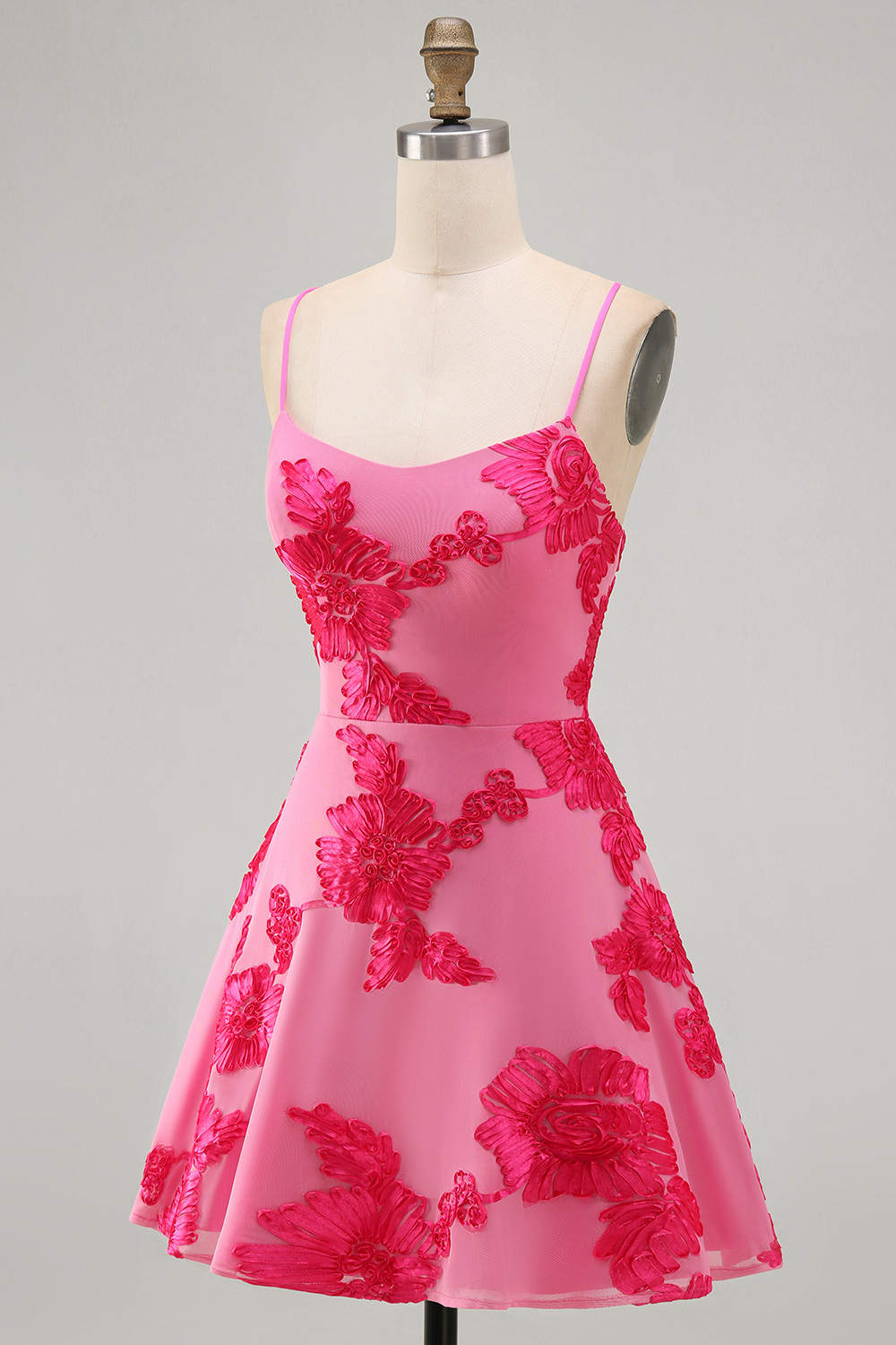 Blue Floral Appliqued Spaghetti Straps A-Line Short Homecoming Dress