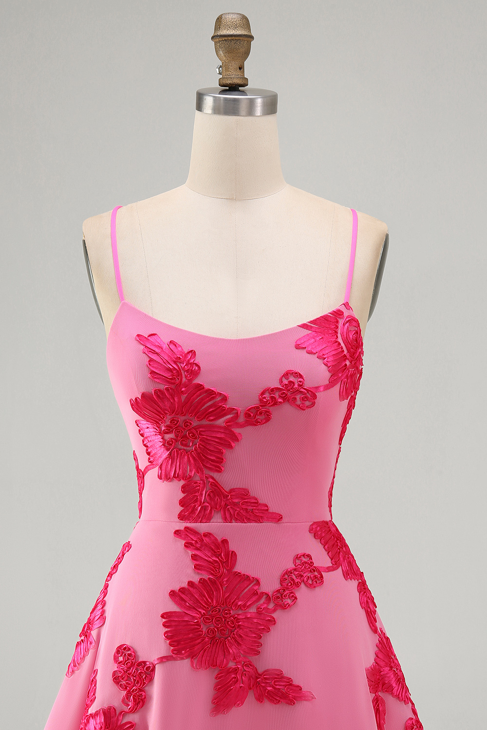 Blue Floral Appliqued Spaghetti Straps A-Line Short Homecoming Dress