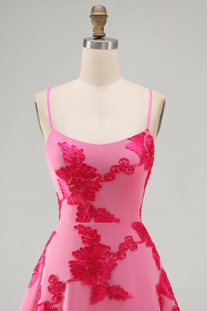 Blue Floral Appliqued Spaghetti Straps A-Line Short Homecoming Dress