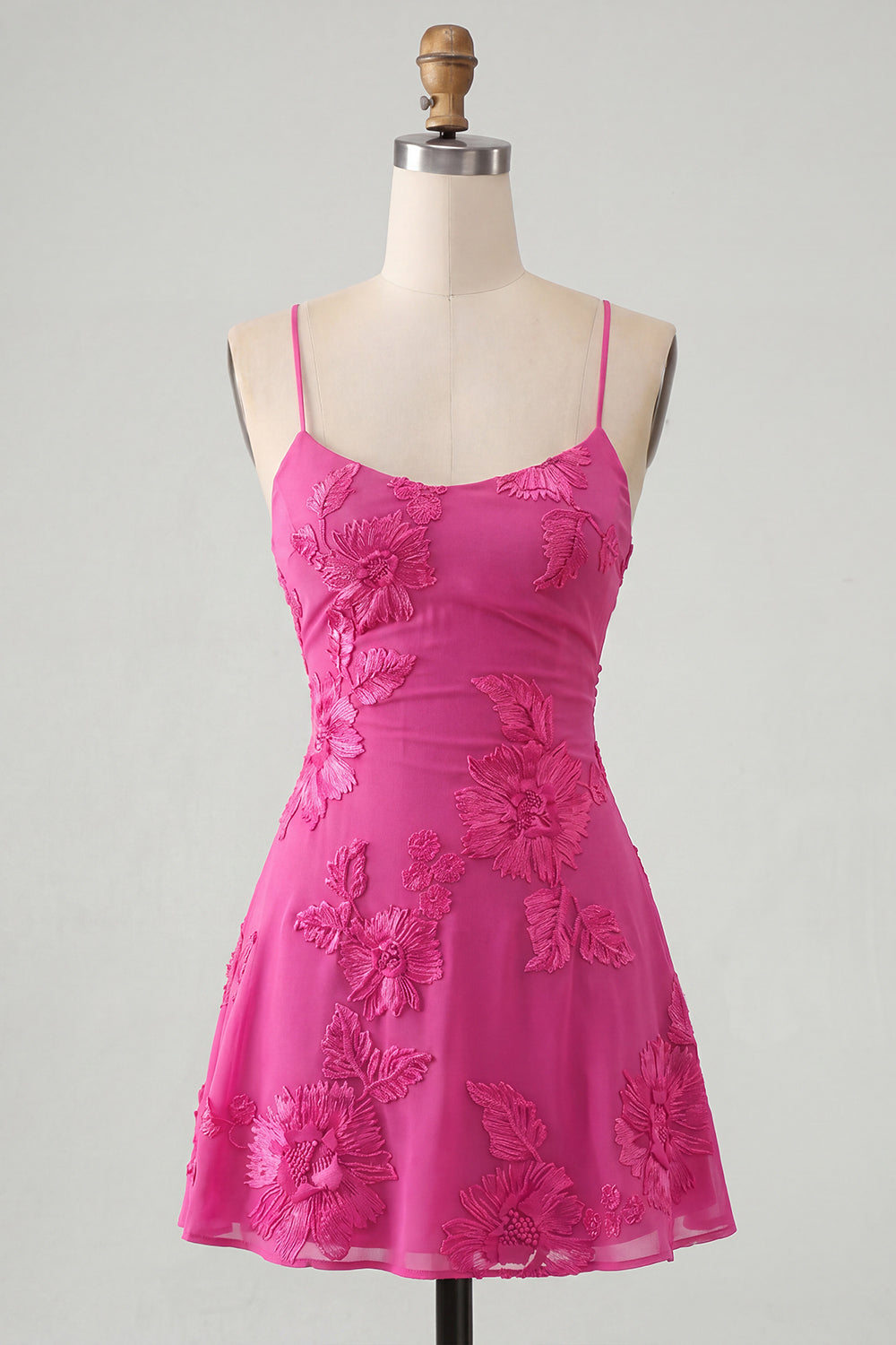 Blue Floral Appliqued Spaghetti Straps A-Line Short Homecoming Dress