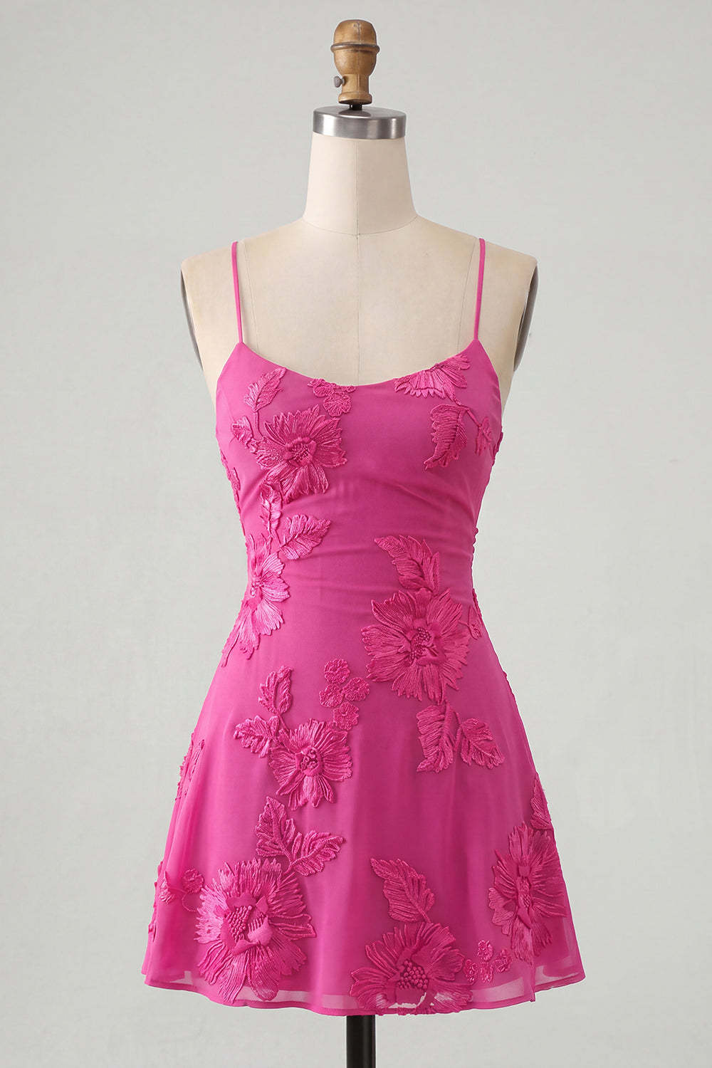 Blue Floral Appliqued Spaghetti Straps A-Line Short Homecoming Dress