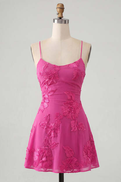 Blue Floral Appliqued Spaghetti Straps A-Line Short Homecoming Dress