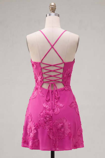 Blue Floral Appliqued Spaghetti Straps A-Line Short Homecoming Dress