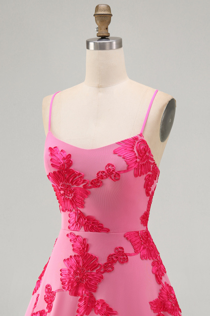 Blue Floral Appliqued Spaghetti Straps A-Line Short Homecoming Dress