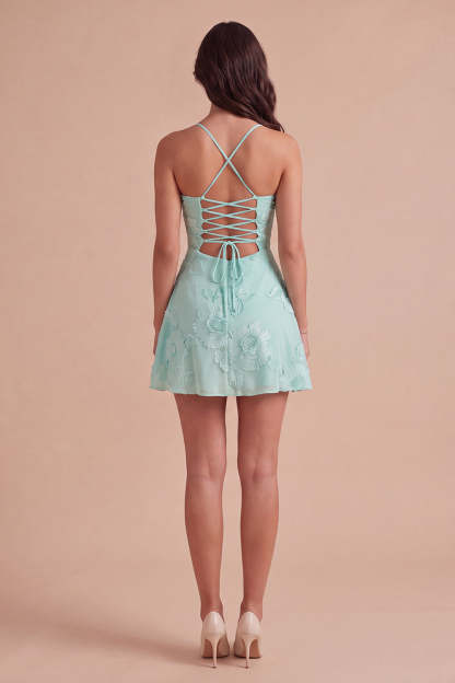 Blue Floral Appliqued Spaghetti Straps A-Line Short Homecoming Dress