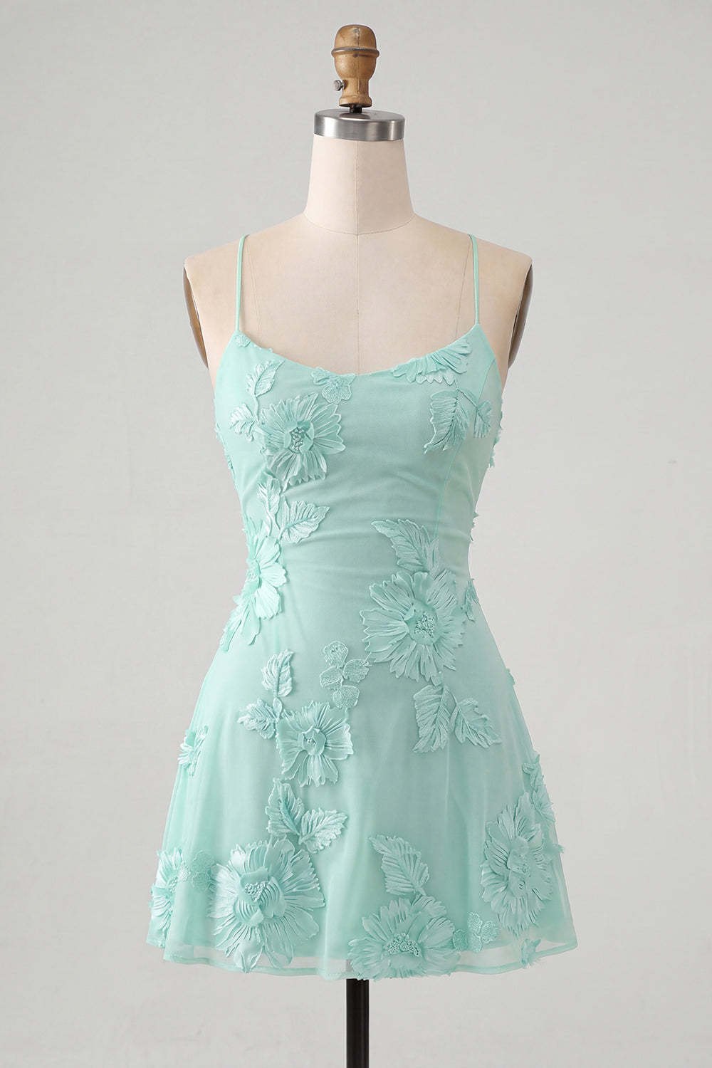 Blue Floral Appliqued Spaghetti Straps A-Line Short Homecoming Dress
