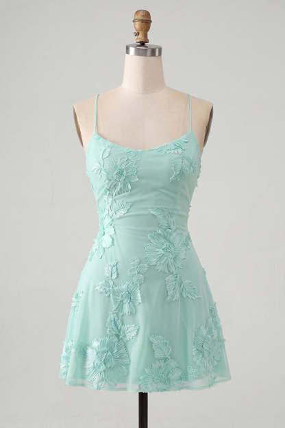 Blue Floral Appliqued Spaghetti Straps A-Line Short Homecoming Dress