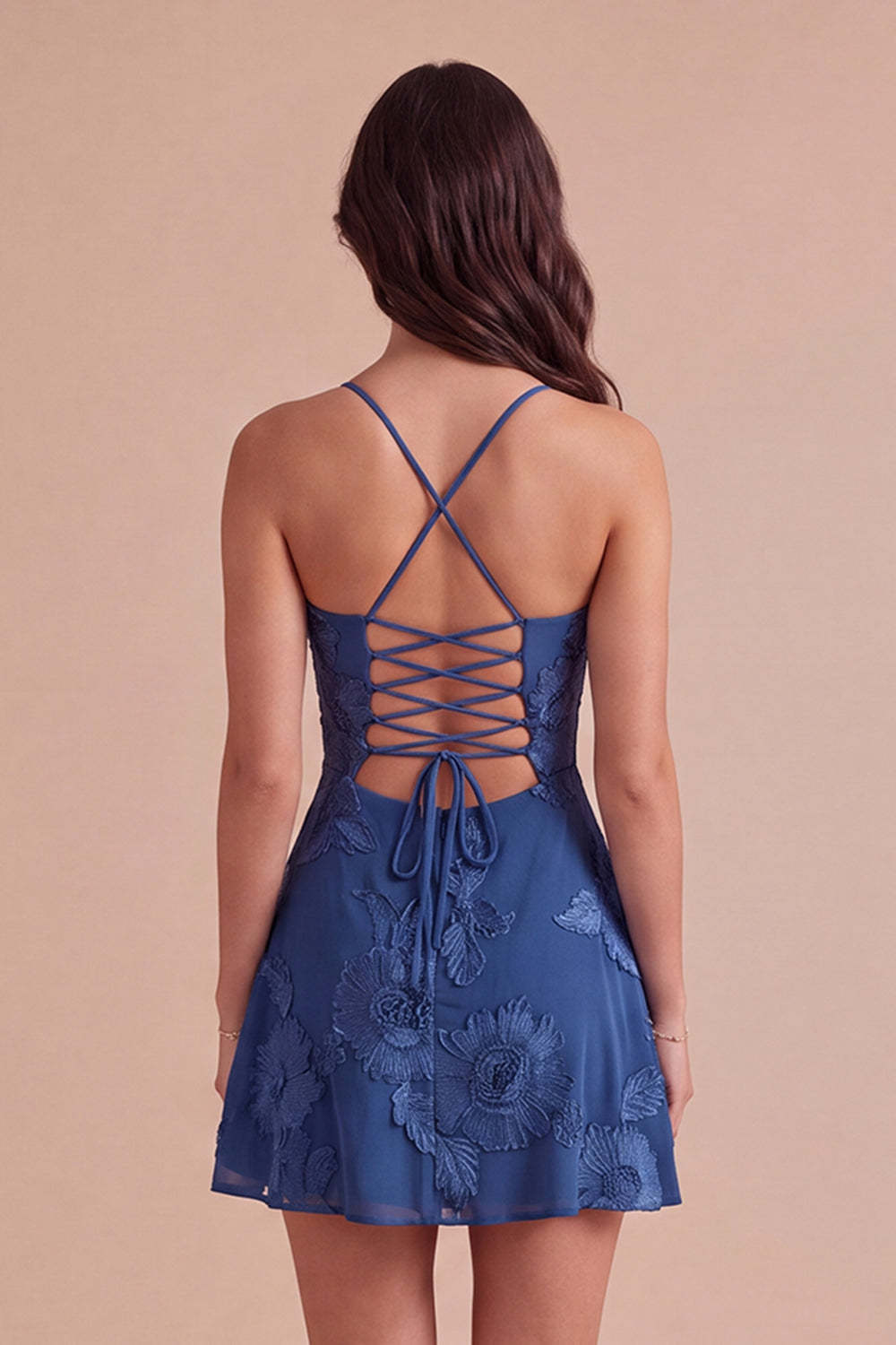 Blue Floral Appliqued Spaghetti Straps A-Line Short Homecoming Dress