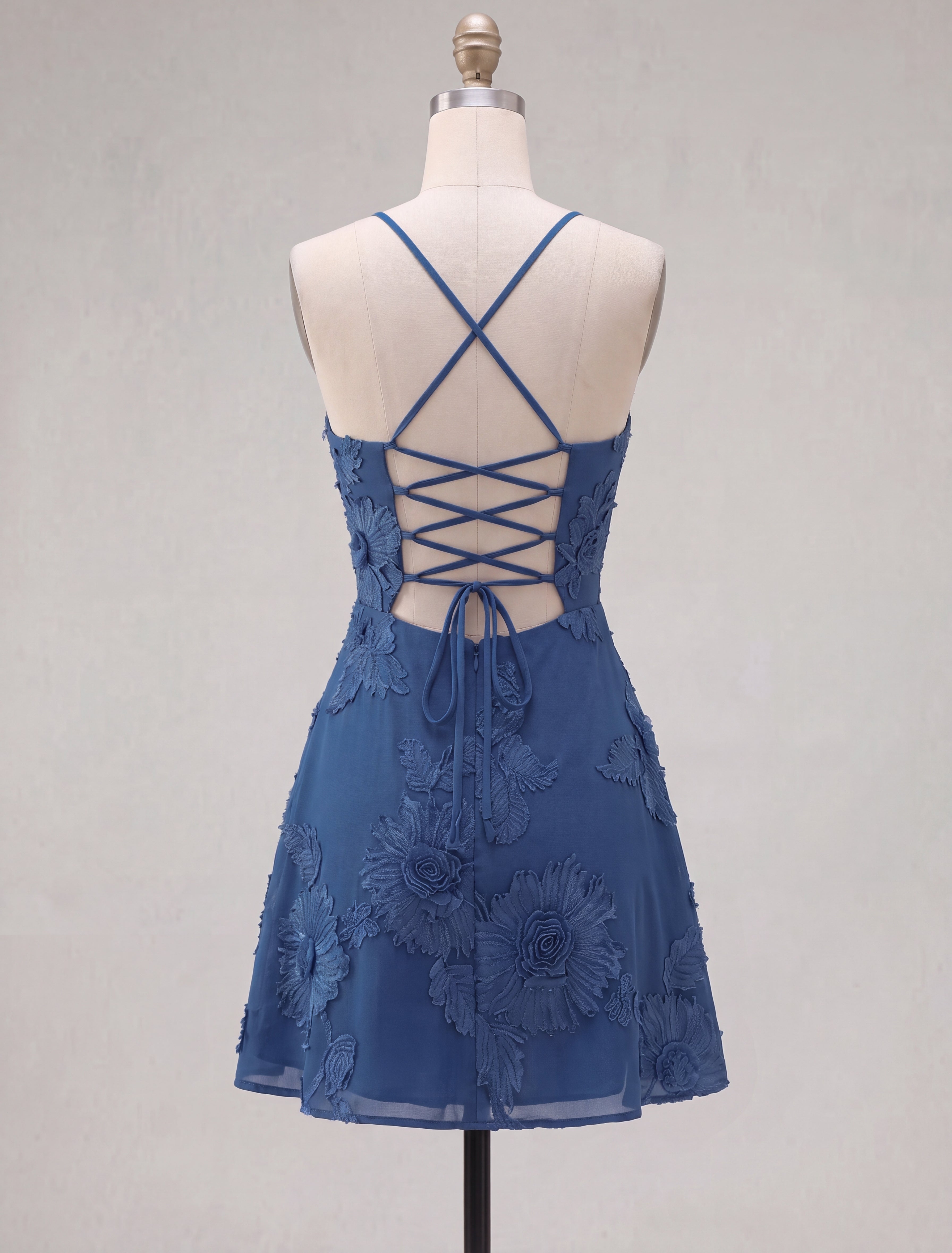 Blue Floral Appliqued Spaghetti Straps A-Line Short Homecoming Dress