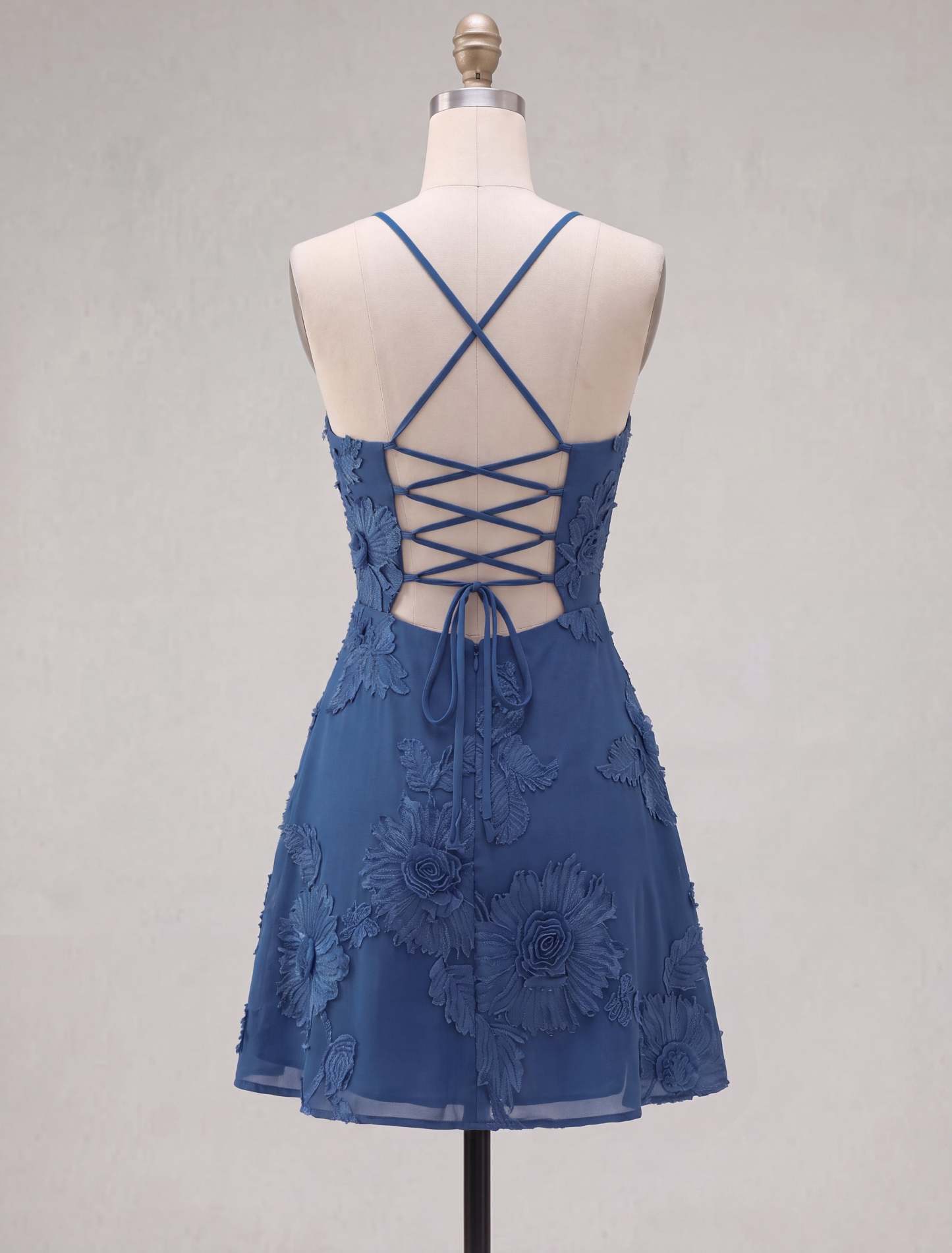 Blue Floral Appliqued Spaghetti Straps A-Line Short Homecoming Dress
