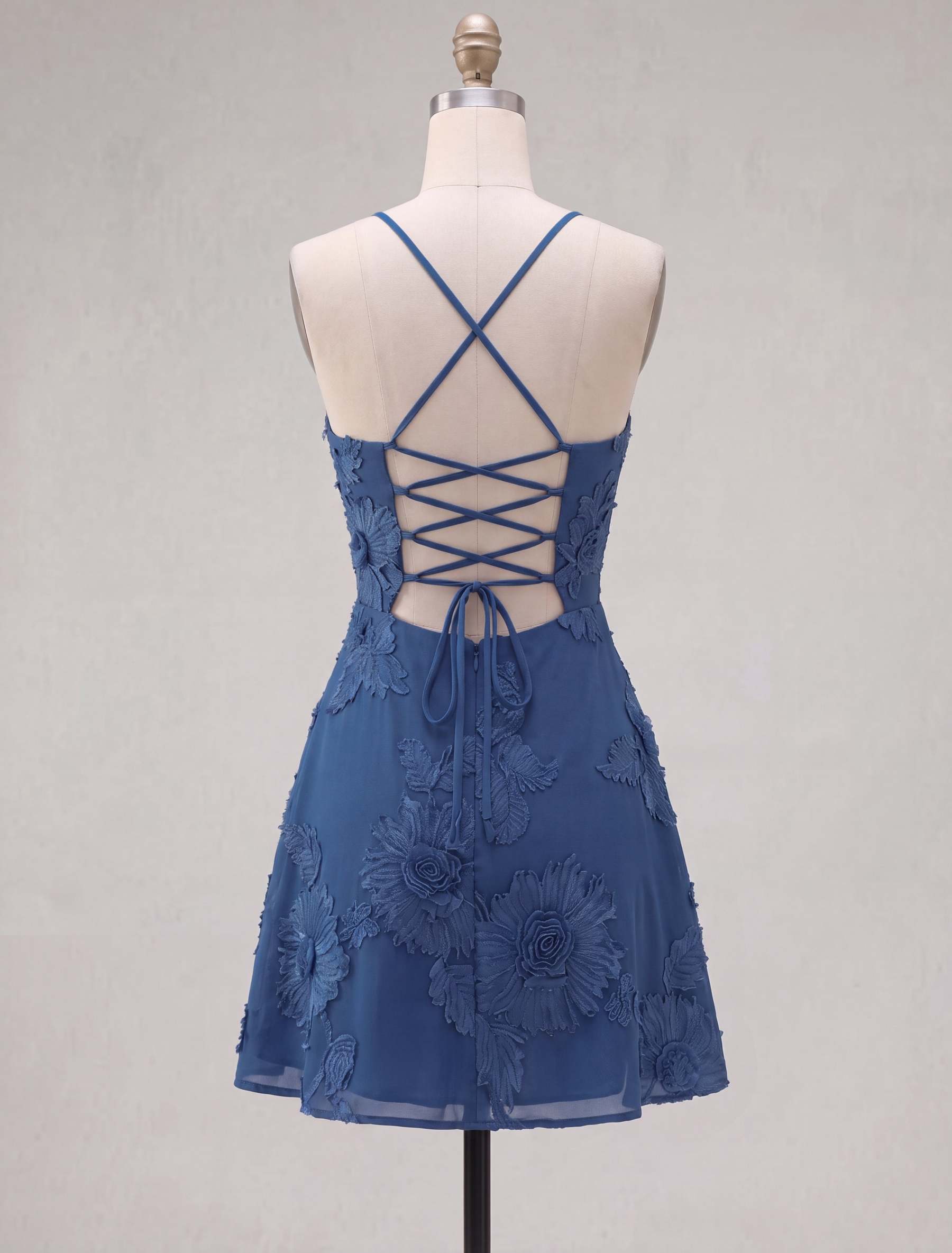 Blue Floral Appliqued Spaghetti Straps A-Line Short Homecoming Dress