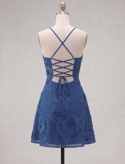 Blue Floral Appliqued Spaghetti Straps A-Line Short Homecoming Dress