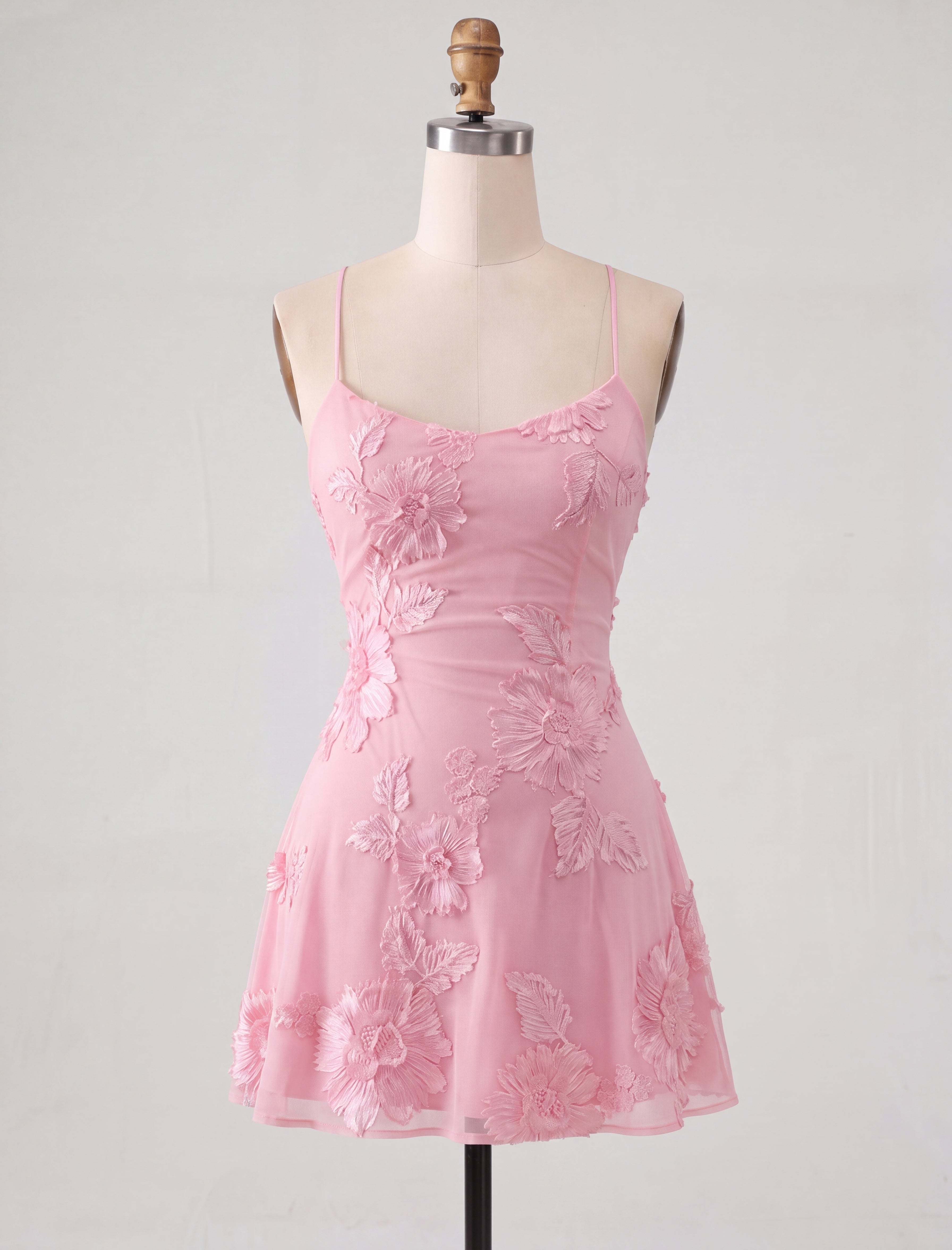 Blue Floral Appliqued Spaghetti Straps A-Line Short Homecoming Dress