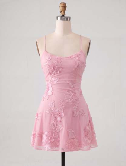 Blue Floral Appliqued Spaghetti Straps A-Line Short Homecoming Dress