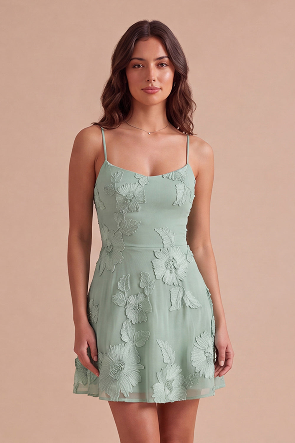 Blue Floral Appliqued Spaghetti Straps A-Line Short Homecoming Dress