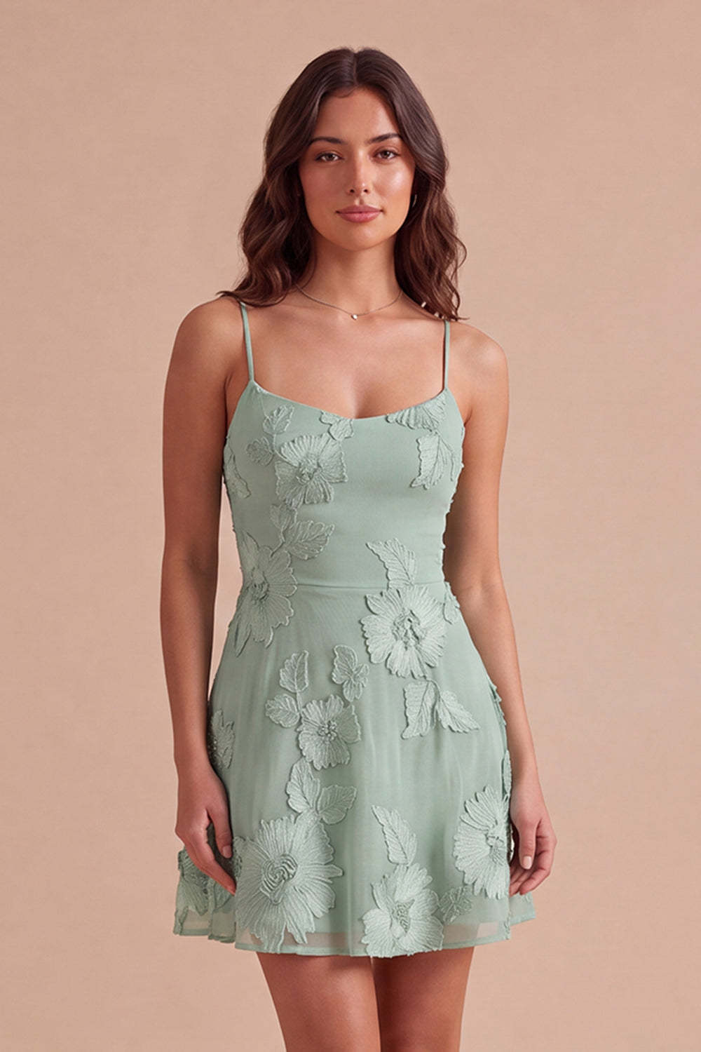 Blue Floral Appliqued Spaghetti Straps A-Line Short Homecoming Dress