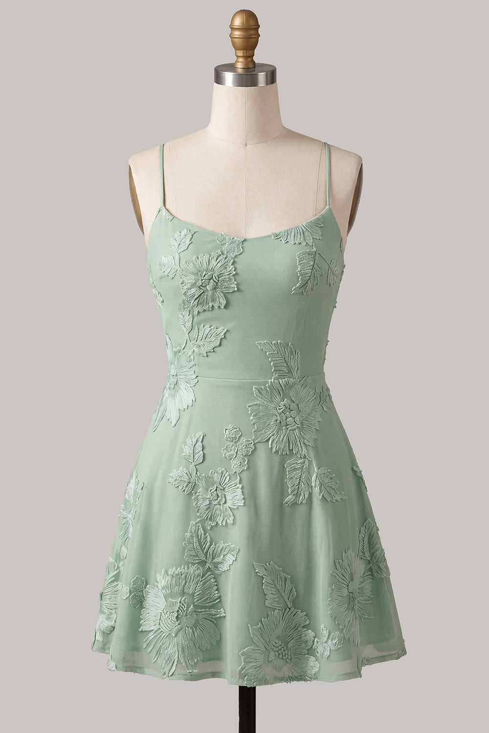 Blue Floral Appliqued Spaghetti Straps A-Line Short Homecoming Dress