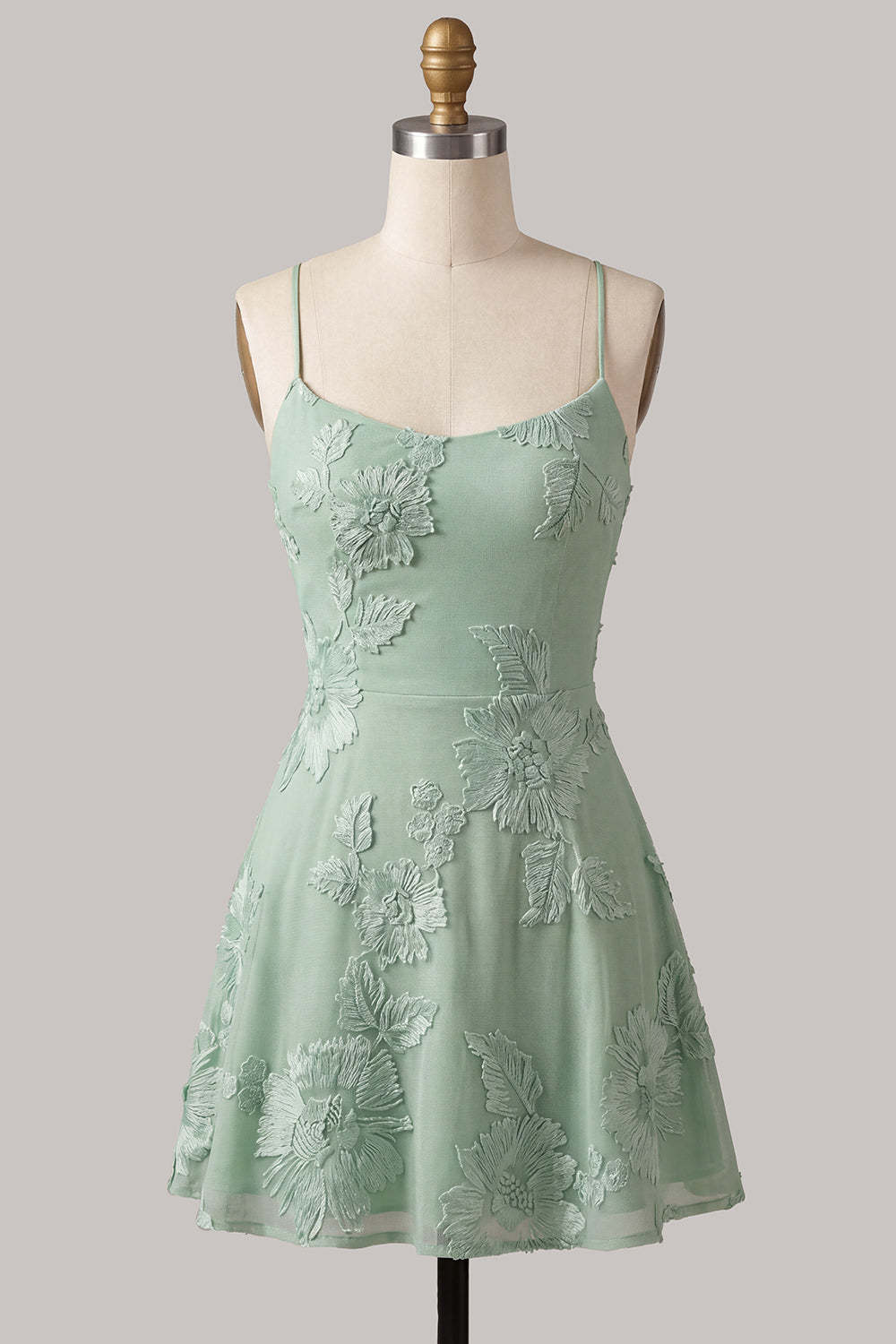 Blue Floral Appliqued Spaghetti Straps A-Line Short Homecoming Dress