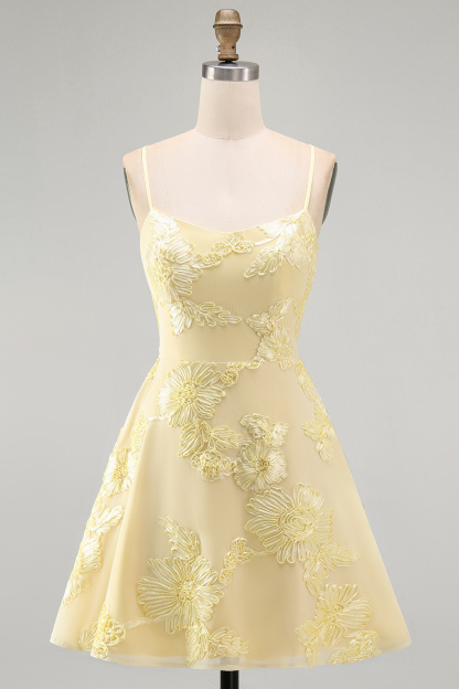 Blue Floral Appliqued Spaghetti Straps A-Line Short Homecoming Dress