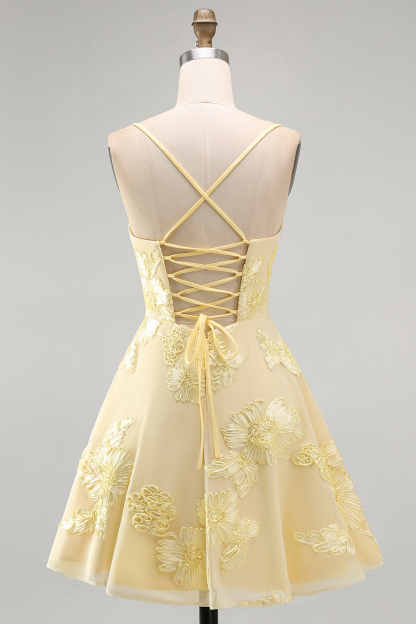 Blue Floral Appliqued Spaghetti Straps A-Line Short Homecoming Dress