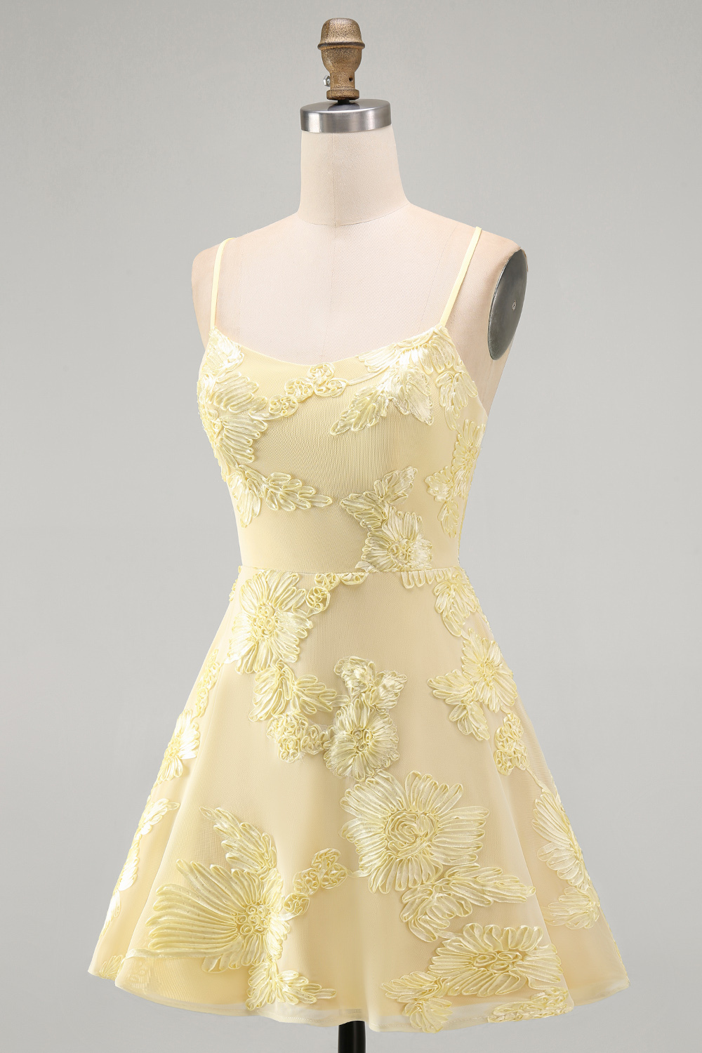 Blue Floral Appliqued Spaghetti Straps A-Line Short Homecoming Dress