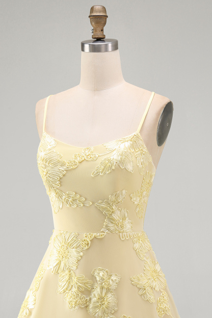 Blue Floral Appliqued Spaghetti Straps A-Line Short Homecoming Dress