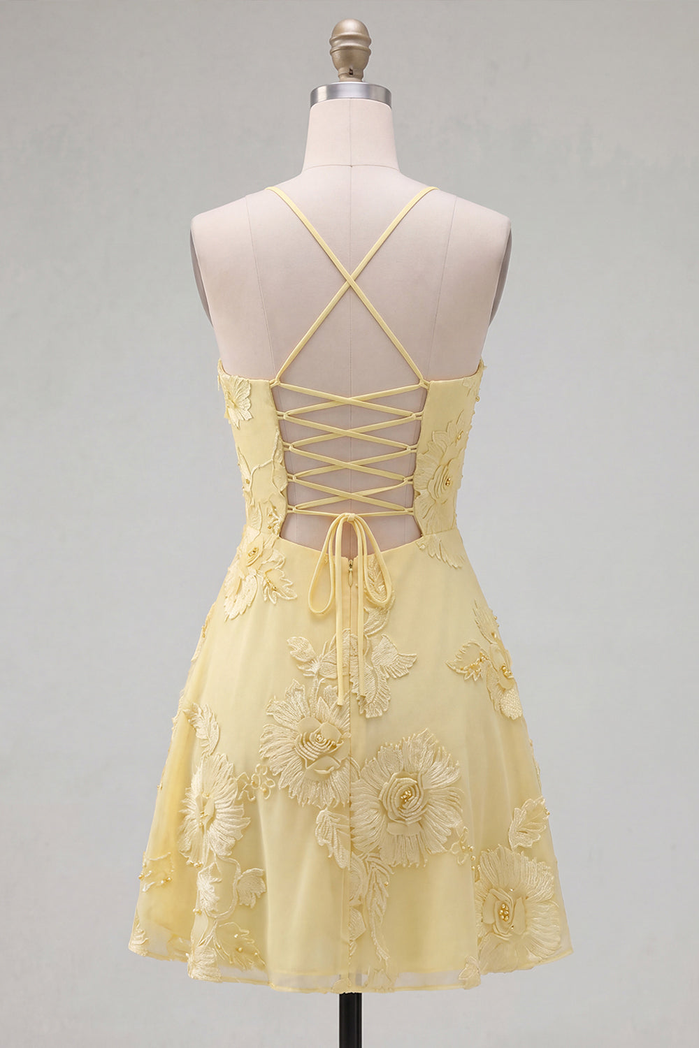 Blue Floral Appliqued Spaghetti Straps A-Line Short Homecoming Dress