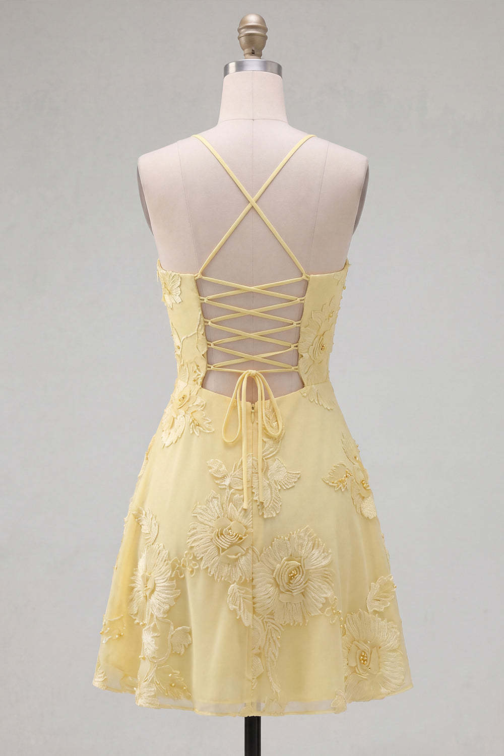 Blue Floral Appliqued Spaghetti Straps A-Line Short Homecoming Dress